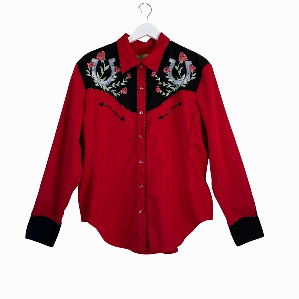 Scully Womens Red Western Snap Embroidered Horseshoe Rose Shirt  Size XL Cowgirl